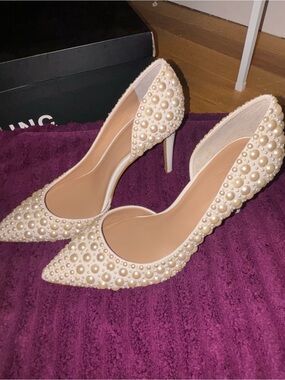INC International Concepts Pearl-Embellished Cream Pointed Toe Stiletto Heels